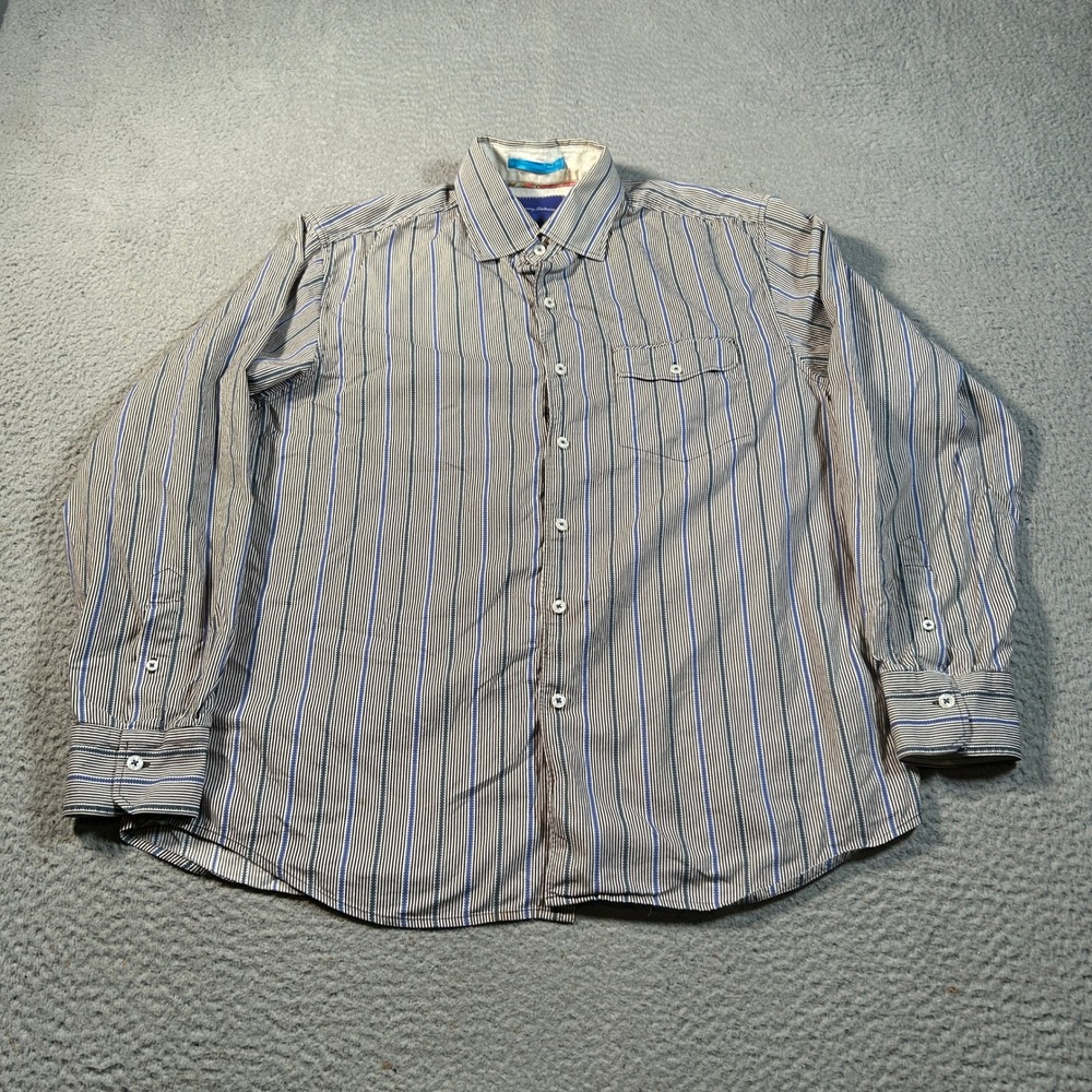 Tommy Bahama Shirt Mens Large Striped Long‎ Sleeve Button Up Flap Pocket Oxford